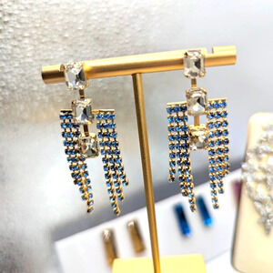 Rhinestone Blue & Gold Hangar Earrings / Egyptian Feel / Pierced